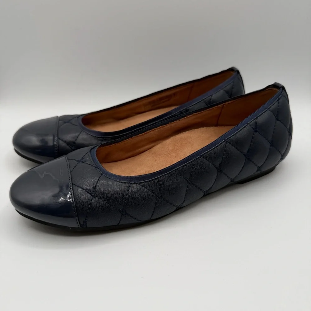 Vionic Desiree Quilted Ballet Flats Navy Patent Cap Toe Comfort Shoes US 7